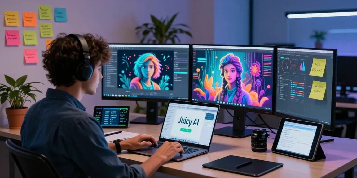 Engaging with juicy ai in a modern tech workspace with vibrant AI art.