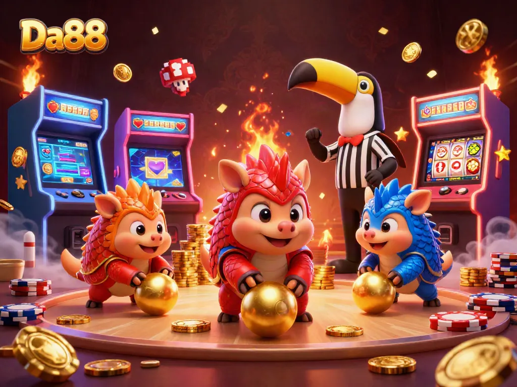 Engage in thrilling casino fun with Da88's lively pangolins competing amidst poker chips and gaming elements.
