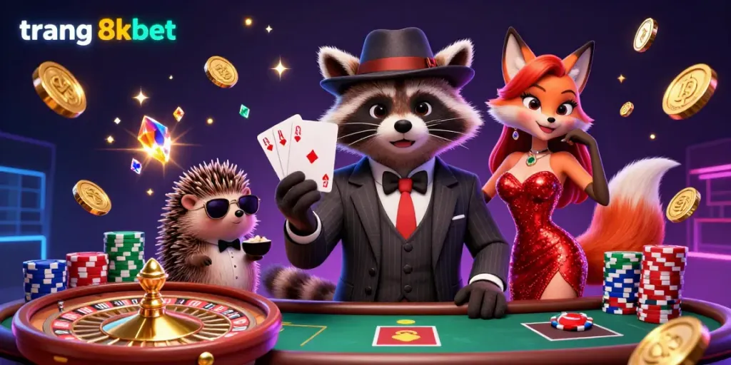 Experience the vibrant world of trang 8xbet with a stylish raccoon character, showcasing a royal flush in a lively casino setting.