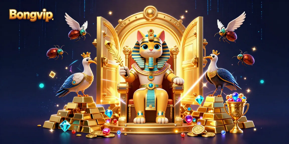 Bongvip offers immersive gaming experiences with a vibrant 3D scene depicting an Egyptian-themed cat character amid treasures