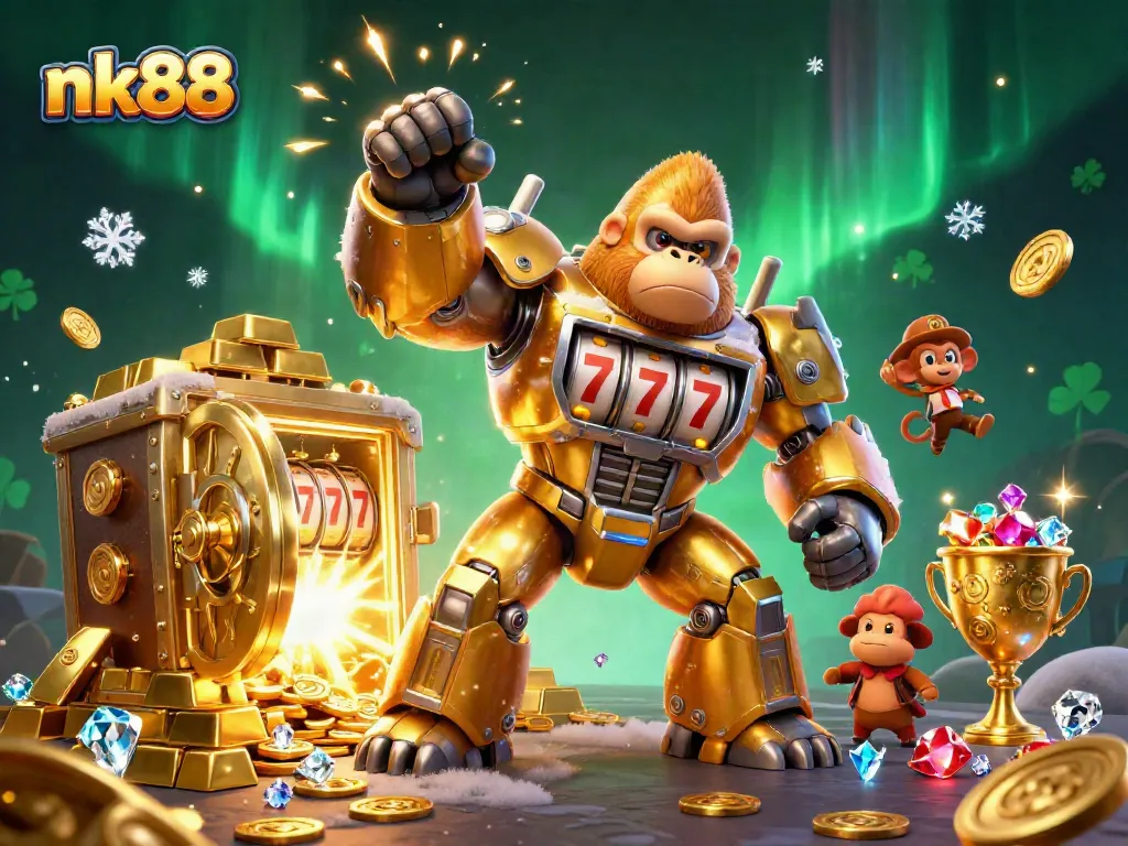 Experience the thrill of nk88's online gaming with slots and jackpots, featuring a golden gorilla mech.