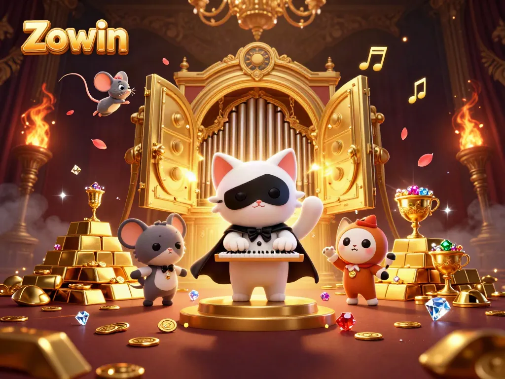 Zowin players enjoying a lavish casino atmosphere with treasures and entertainment in an illustrated scene.