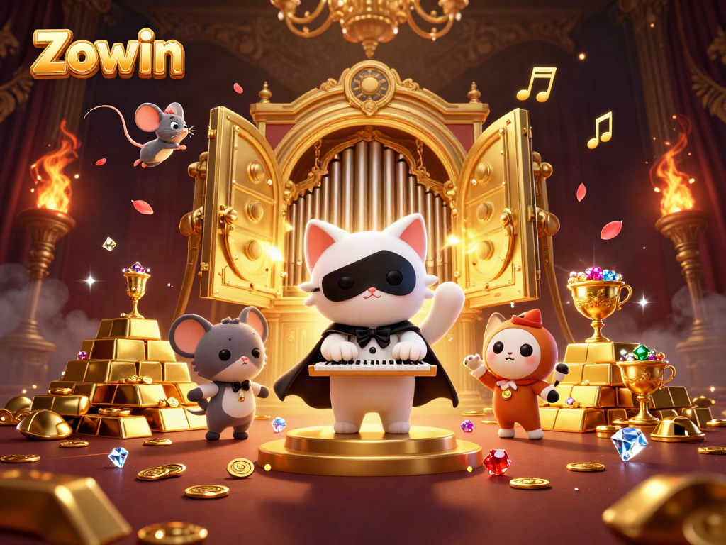 Zowin players enjoying a lavish casino atmosphere with treasures and entertainment in an illustrated scene.