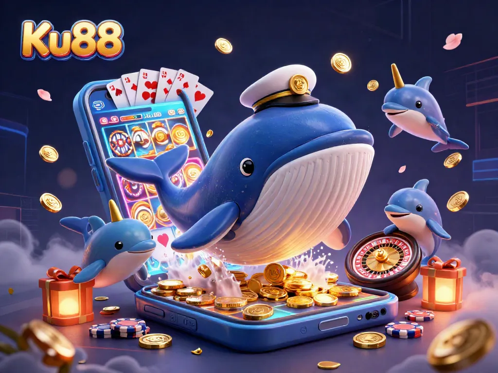 Ku88 offers an exciting illustration with playful dolphins spinning poker chips and a lively whale in a casino environment.