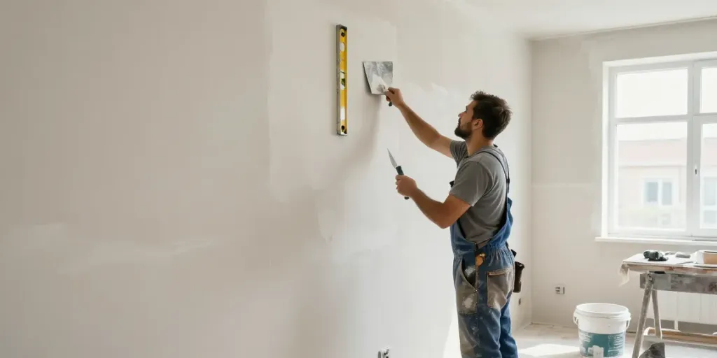 Plastering Service London expert applying smooth plaster on a wall with quality tools.