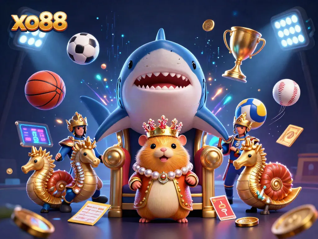 Engage with thrilling gaming moments at xo88, featuring a golden hamster king ruling amidst vibrant sports elements.