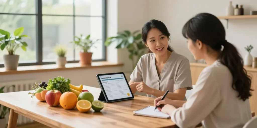 Nutritional Therapist Surrey consulting with a client in a calming wellness studio.