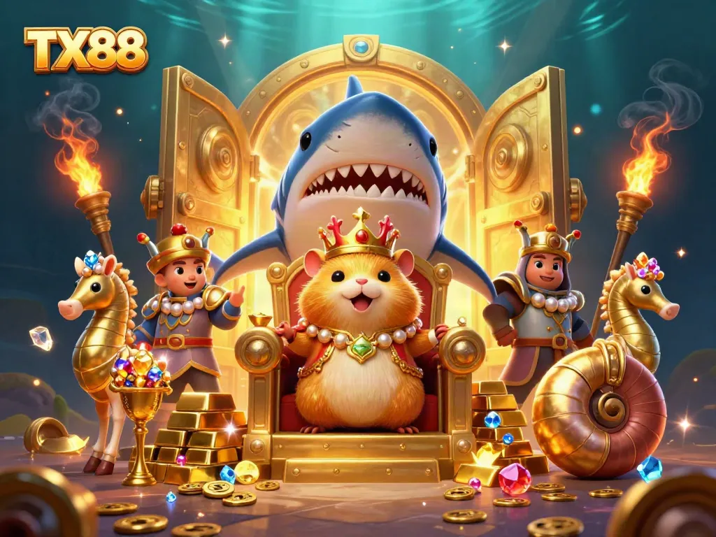Experience TX88's engaging casino scene, where golden treasures and a regal hamster king captivate players.