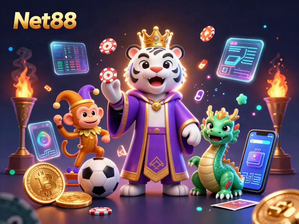 Bet on Net88 with engaging characters and vibrant casino elements in a dynamic illustration.