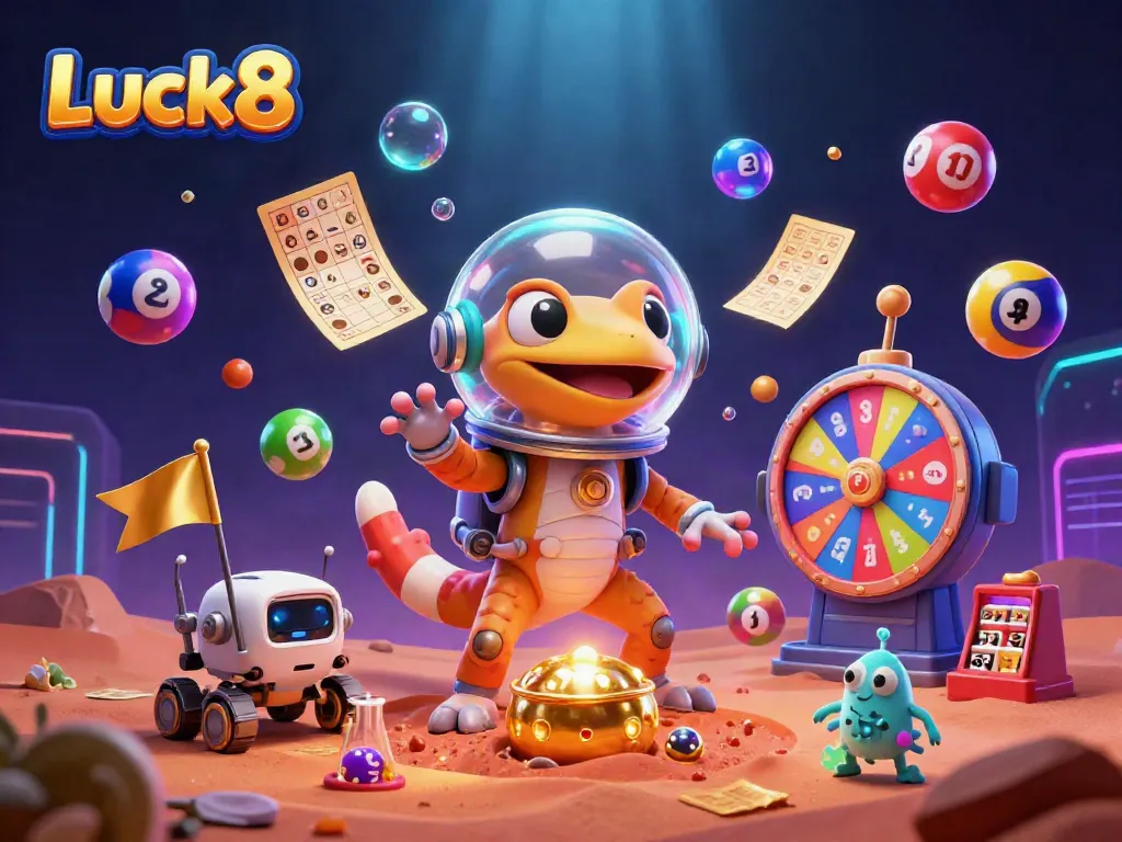 Luck8 showcases a Martian gecko discovering a golden casino amidst vibrant gambling symbols and elements.