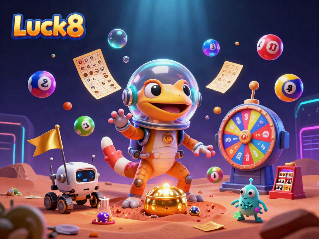 Luck8 showcases a Martian gecko discovering a golden casino amidst vibrant gambling symbols and elements.
