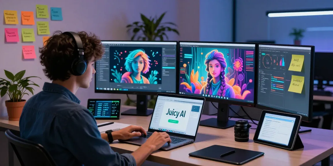 Engaging with juicy ai in a modern tech workspace with vibrant AI art.