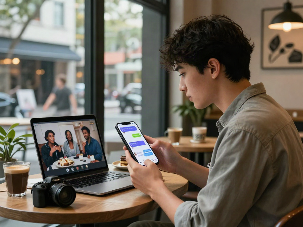 Young adult using nsfw ai chat app in a trendy café setting with coffee and laptop