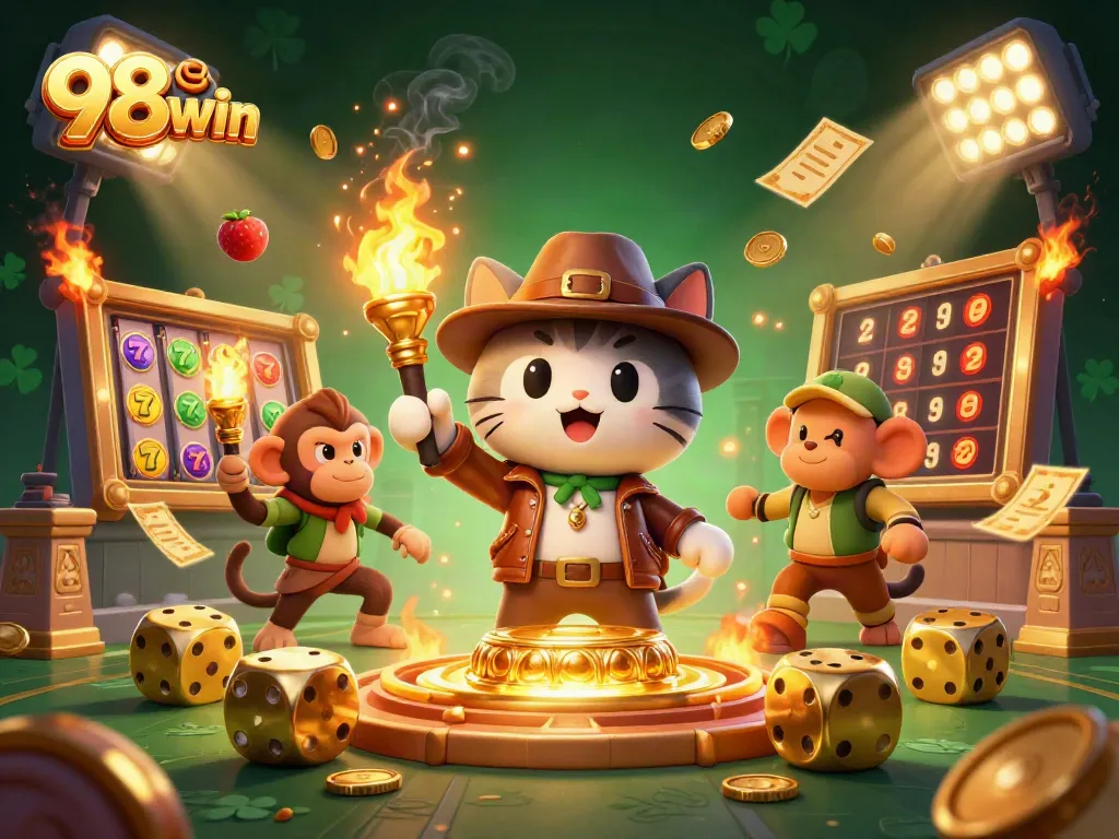 Spin the reels with 98win as the playful explorer cat uncovers treasures in a dynamic casino adventure.