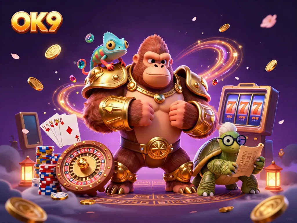 Experience the thrilling casino world with OK9's vibrant 3D illustration featuring golden coins and majestic characters.
