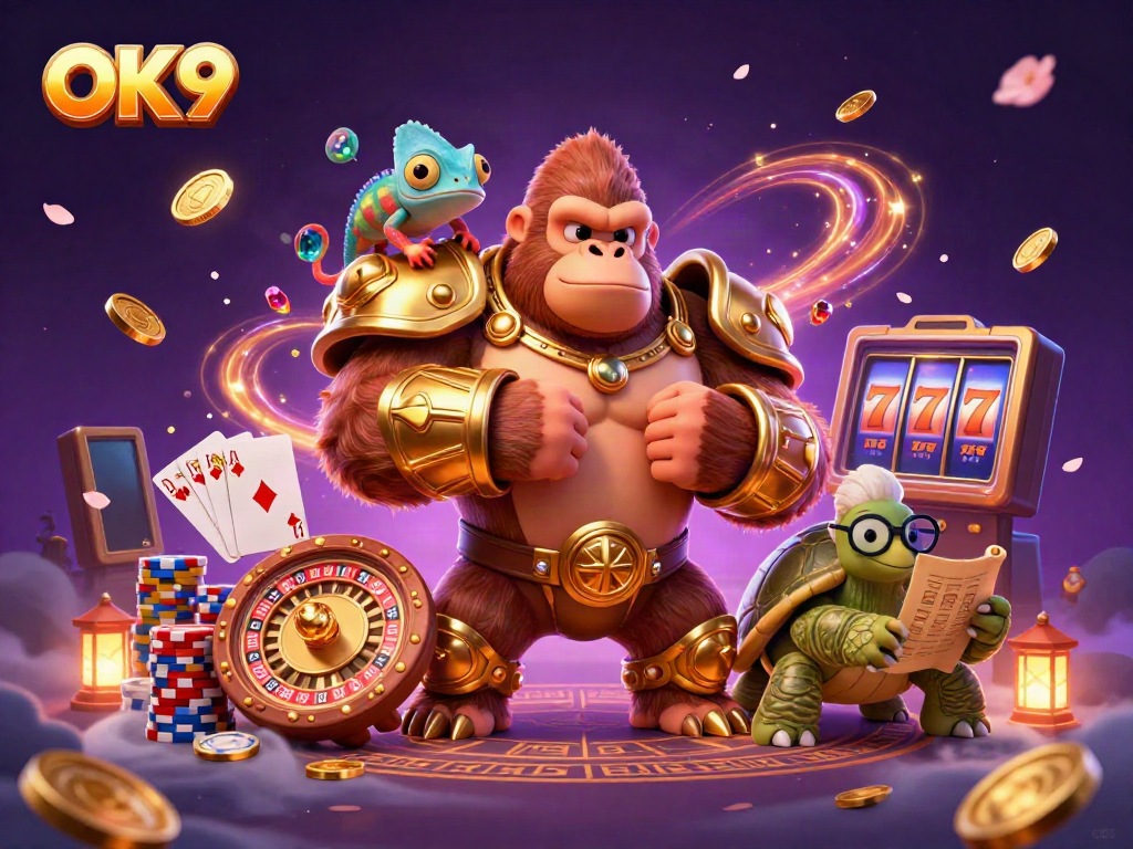Experience the thrilling casino world with OK9's vibrant 3D illustration featuring golden coins and majestic characters.
