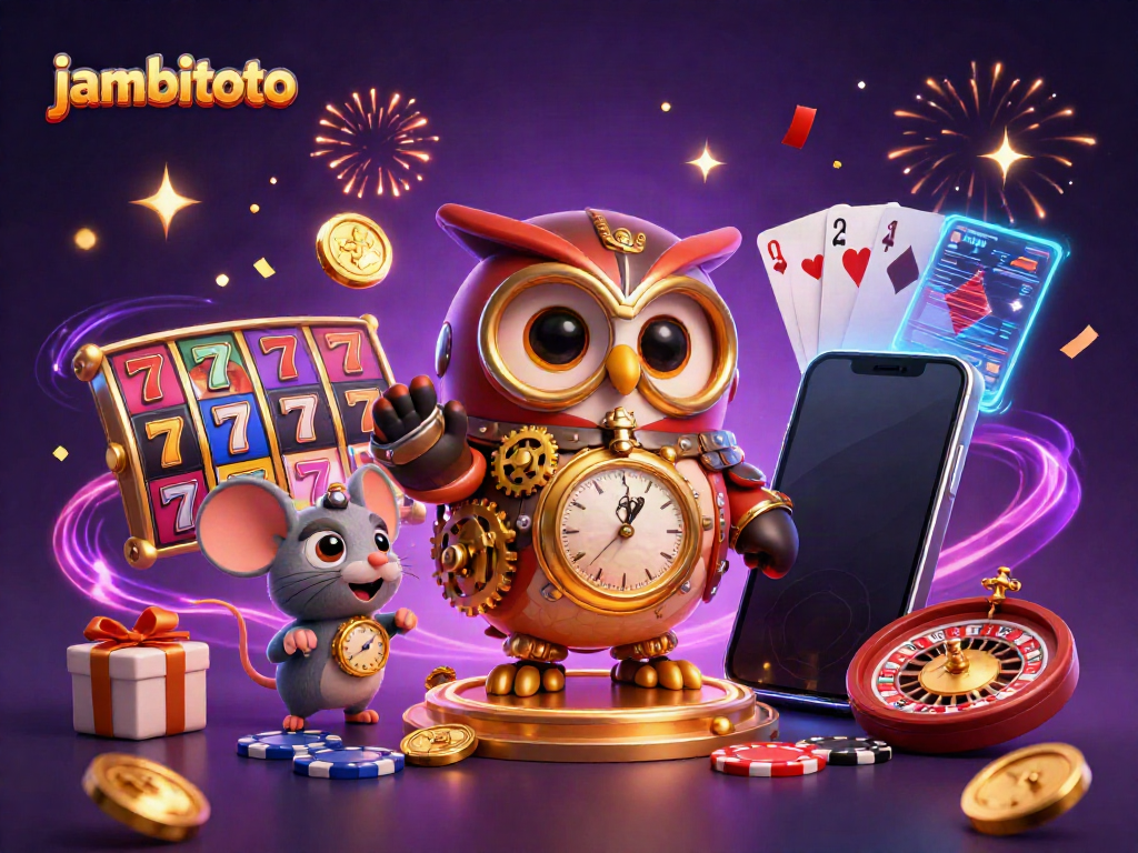 Engage with jambitoto in a vibrant casino scene featuring an owl and steampunk elements.