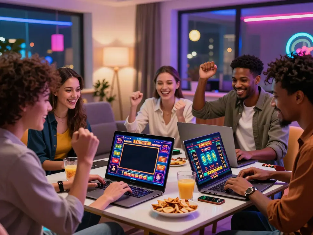 Friends celebrating a win at UK casinos not on GamStop in a vibrant, modern setting.