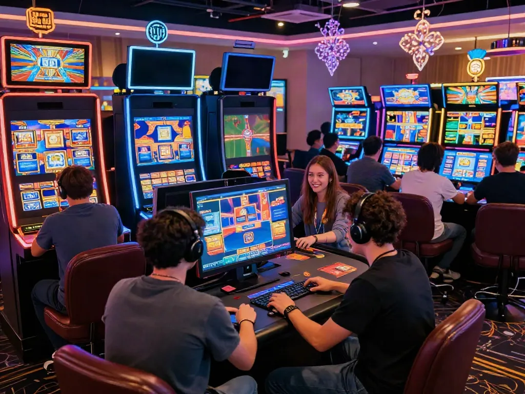 Nbet online gaming scene with diverse players enjoying virtual casino games and engaging with colorful slot machines