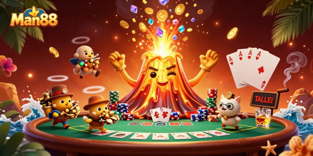 Experience the thrill of Man88 with a dynamic eruption of treasure and playful scenes.