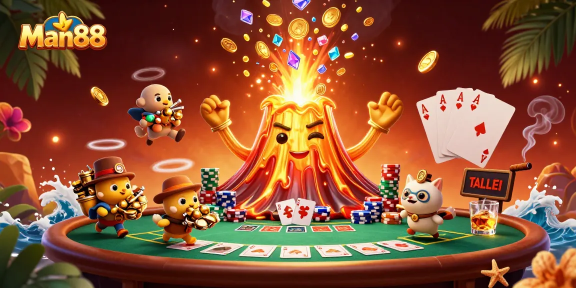 Experience the thrill of Man88 with a dynamic eruption of treasure and playful scenes.
