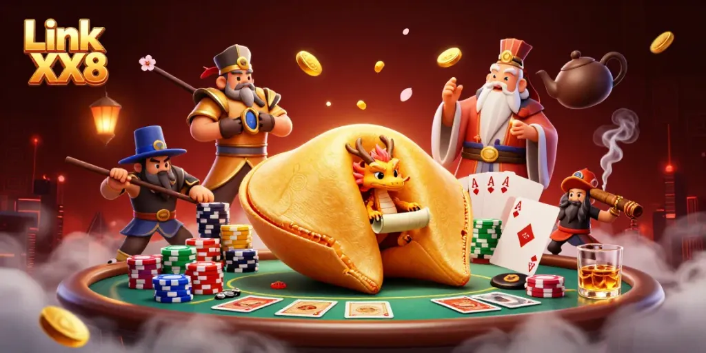Engage with the vibrant Link XX8 casino illustration showcasing a dragon and fortune cookie amidst poker excitement.
