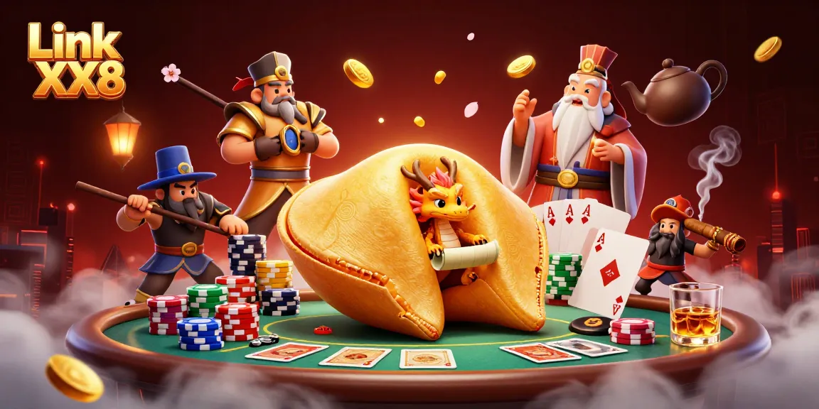 Engage with the vibrant Link XX8 casino illustration showcasing a dragon and fortune cookie amidst poker excitement.