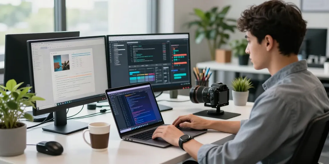 Professional working on an AI laptop in a bright modern office setting, surrounded by monitors and tech gadgets.