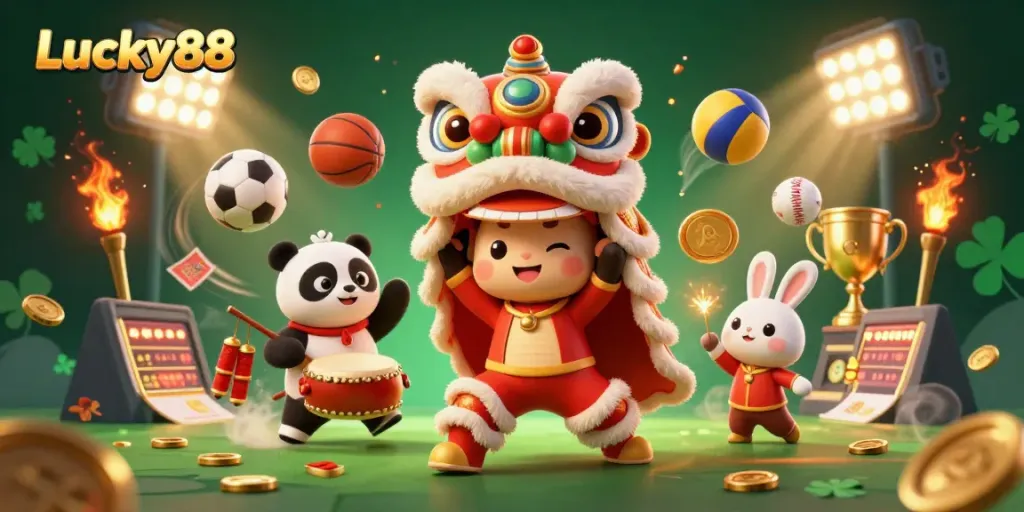 Experience the excitement of Lucky88 with a lively lion dance and sports elements in a vibrant casino illustration.