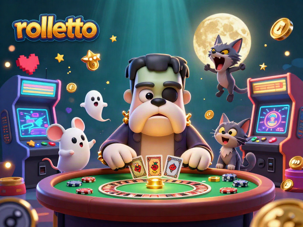Experience excitement at Rolletto Casino with a whimsical illustration of a Frankenstein bulldog and ghost mouse.
