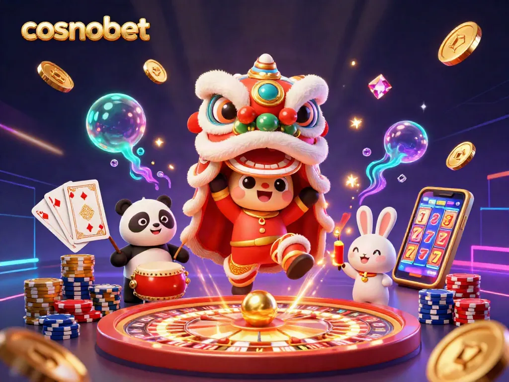 Experience the excitement of cosmobet with colorful casino elements and festive characters.