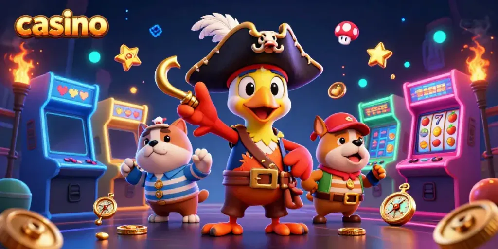 Experience thrilling gameplay at a vibrant casino with animated characters and arcade games.
