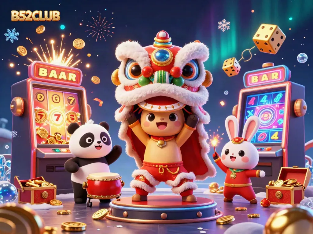 Experience the thrill of B52CLUB with a dynamic casino scene featuring lion dancers, slot machines, and festive decorations.