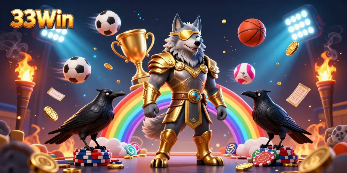 33Win showcases an exciting Norse mythology-themed 3D casino scene with Odin and ravens amidst a sports betting atmosphere.