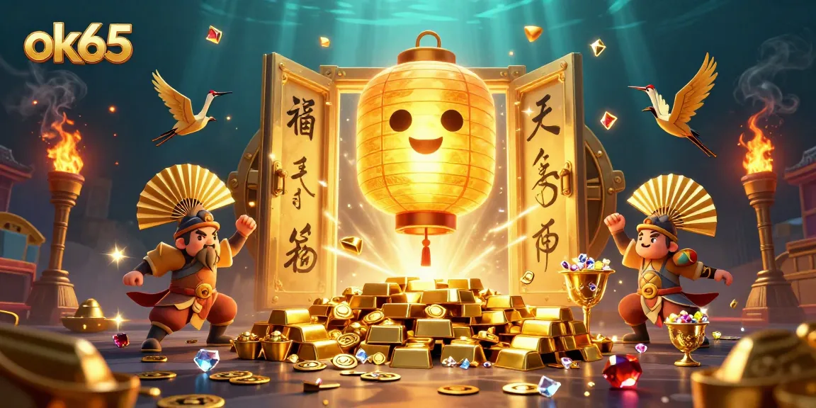 Win at ok65 with a vibrant golden lantern in a rich casino atmosphere filled with treasures.