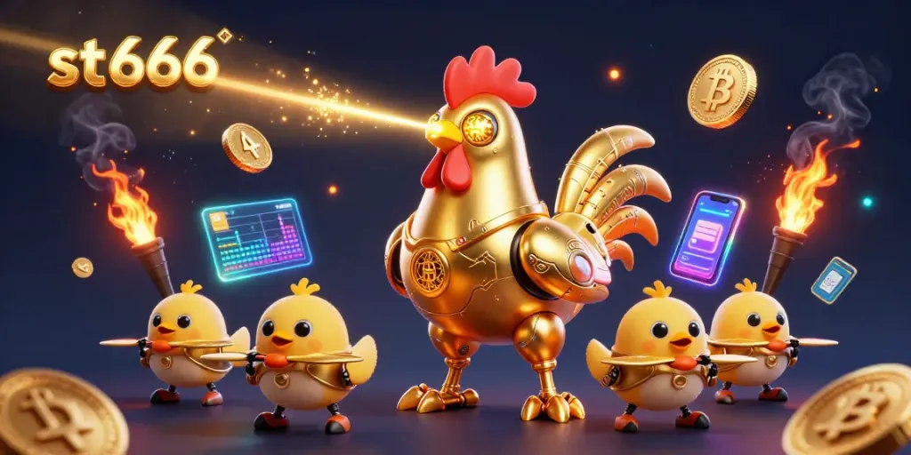 Experience thrilling action with st666 as the golden rooster robot and baby chick drones engage in vibrant gambling adventures amidst floating cryptocurrency elements.