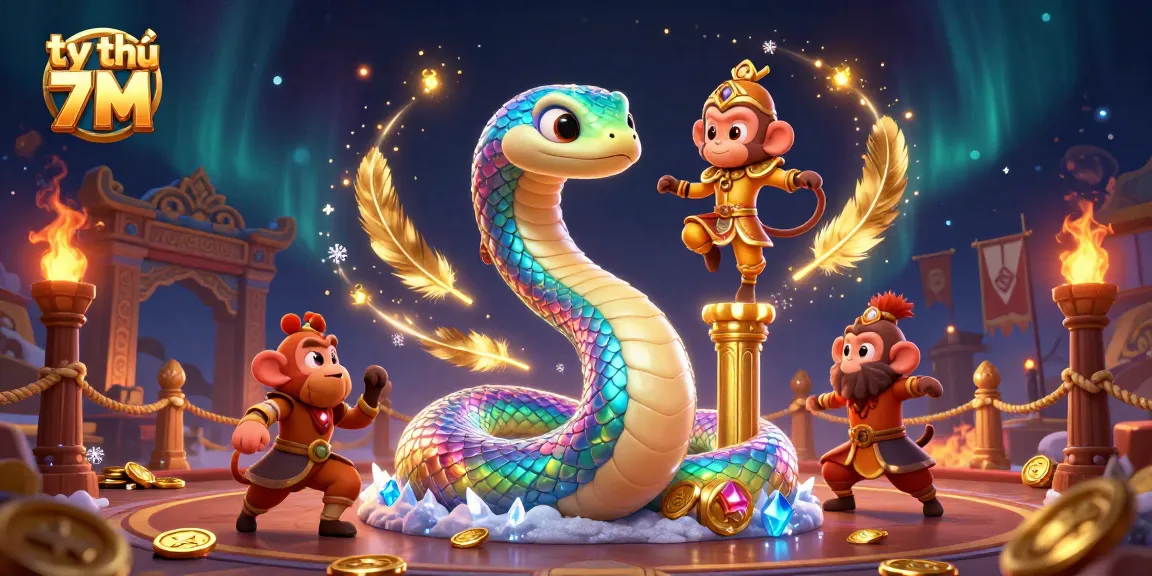 Engage with the vibrant scene of tỷ lệ 7M, featuring the dazzling rainbow serpent and monkey king amidst a dynamic casino atmosphere.