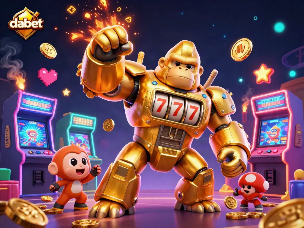 Dabet players engage with vibrant 3D gaming arcade elements, exploring slots and wins in a digital atmosphere.