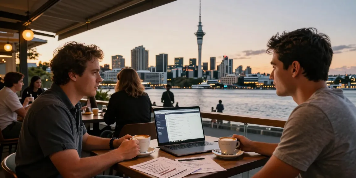 Airbnb management in Auckland experts Ron and Sam discuss strategies in a vibrant city café.