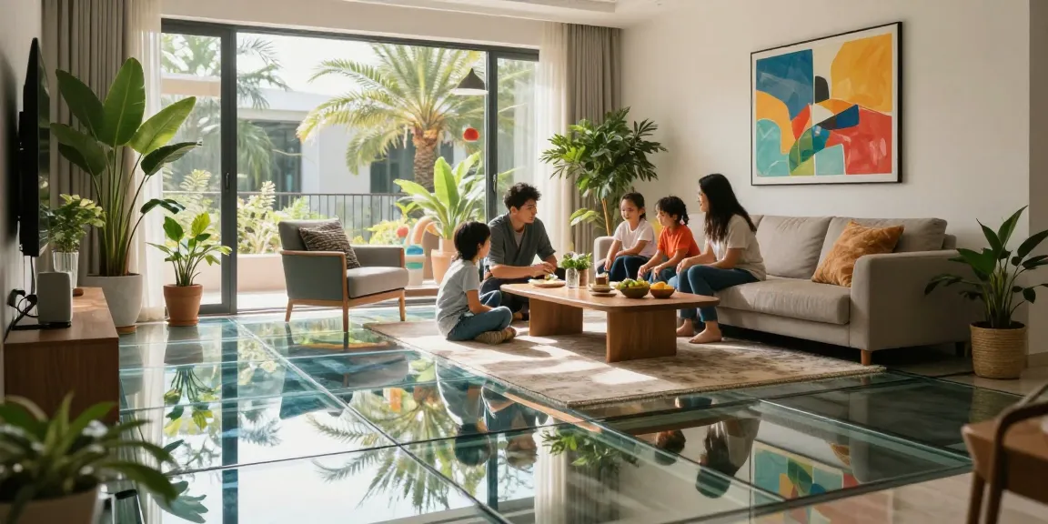 Stylish living room featuring glass floors for modern interiors, illuminated by natural light.