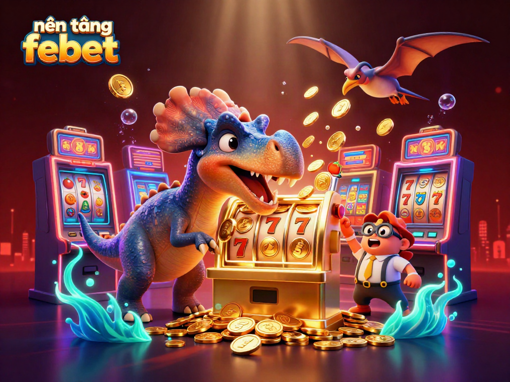Engage with the lively scene of nền tảng febet as a dinosaur celebrates a jackpot and coins reward, creating an exciting casino atmosphere.