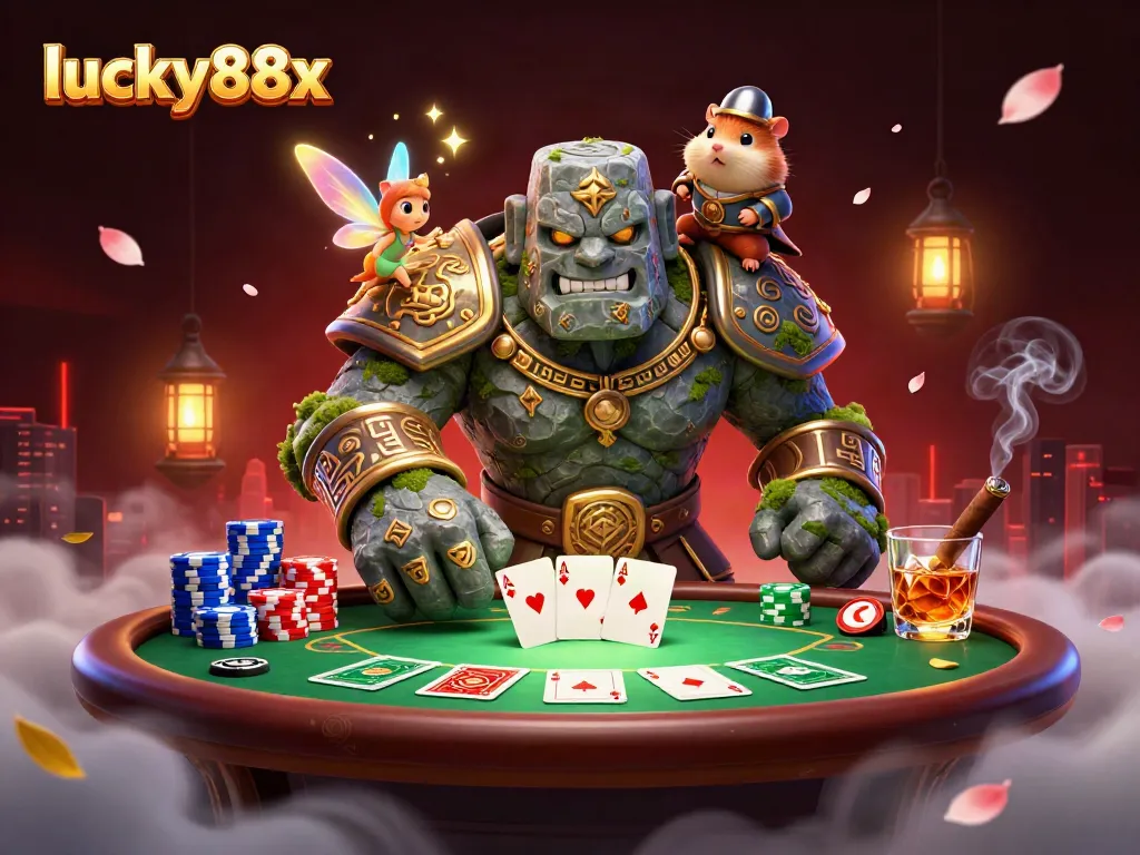 Experience thrilling gameplay with lucky88x as the stone golem guardian and companions surround poker elements.