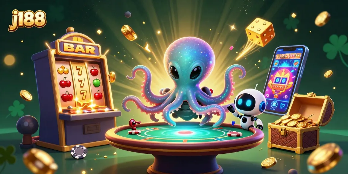 Experience thrilling gameplay at j188 with an exciting scene featuring an alien octopus at a poker table amidst dazzling casino elements.