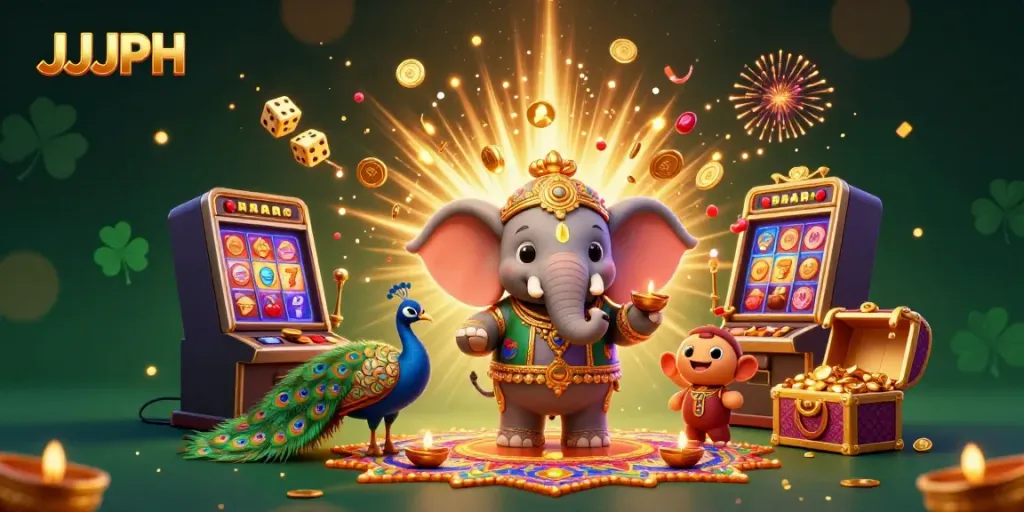 Experience the excitement with JJJPH's vibrant 3D casino scene featuring dynamic characters and game elements.