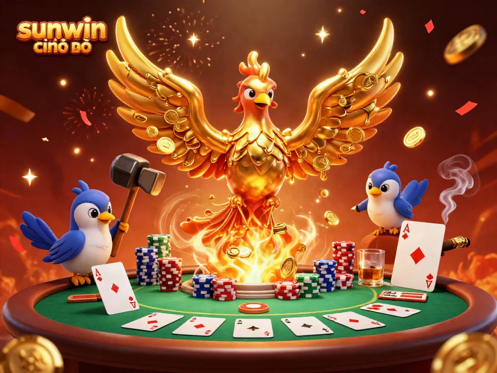 Engage with sunwin chính chủ in an exciting casino setting featuring a golden phoenix and vibrant poker elements.