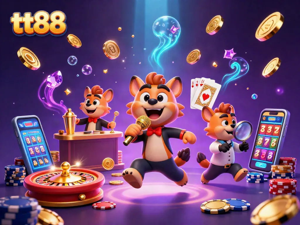 tt88 hyenas entertain gamblers with jokes and drinks amidst golden coins and vibrant casino elements