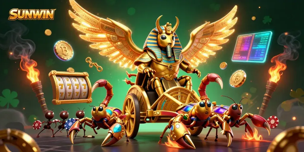 Experience winning moments at SUNWIN inspired by a dazzling illustration of a golden scarab chariot amidst gambling elements.