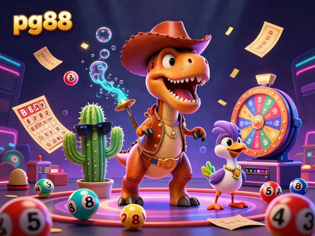 Experience vibrant casino excitement with pg88 as a cowboy dinosaur, cactus, and roadrunner share in lively lottery fun.