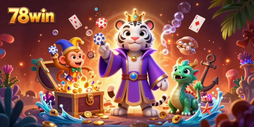Experience 78win's adventure with a regal tiger, playful monkey, and vibrant gaming elements