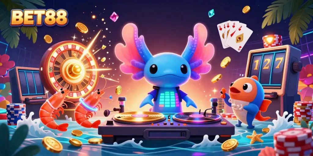 Engage with BET88's vibrant underwater casino scene featuring lively characters and dynamic gaming elements.